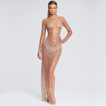 Fashionable Diamond Adorned Long Sleeved Net Dress