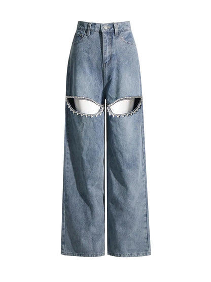 Women's Straight Wide Leg  Denim Pants With Thigh Cut-Outs and  Rhinestone Designer Details