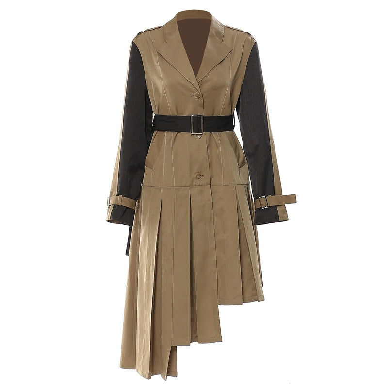 Edgy Medium Length Belted Long Sleeved Coat with an Assymetric Pleated Skirt