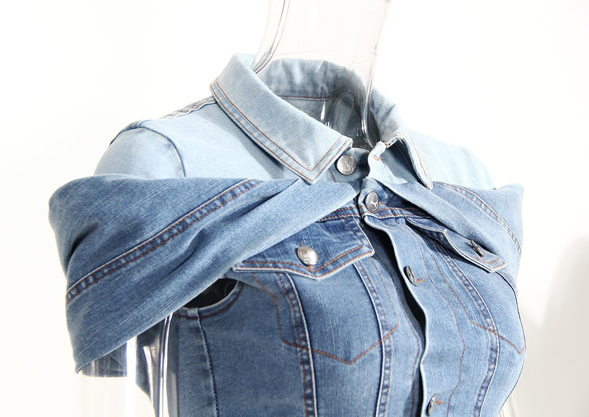 Cool Folding Sleeves Off the Shoulder Denim Shirt