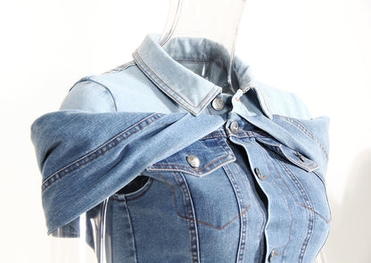 Cool Folding Sleeves Off the Shoulder Denim Shirt