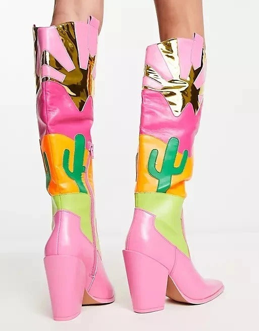 Western Multicolored Patchwork Women Cowboy Boots