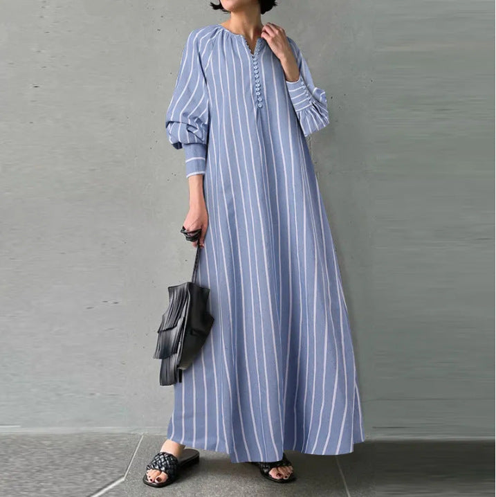 Cotton and Linen Striped Round Neck Long Sleeved Dress