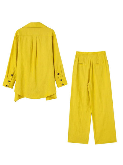 Linen Wrap Shirt & Wide-Leg Pant Set – Chartreuse Chic