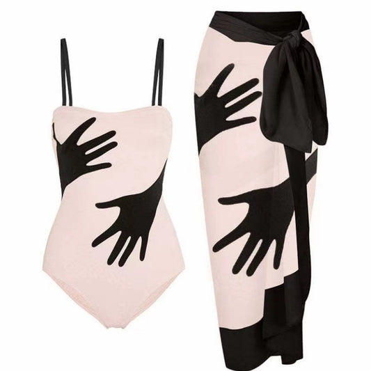 Art of Touch Swimsuit & Sarong Set – Abstract Black & Nude