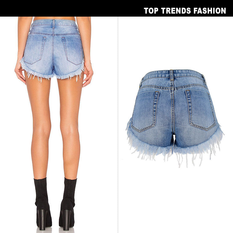 Women's High-Waisted  Washed And Polished Jean Short Shorts with Fringe