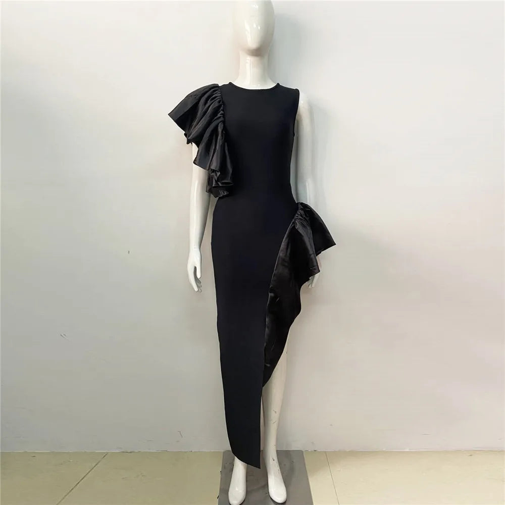 Stylish Ruffle Edge Elastic Slim Fit Black Evening Dress