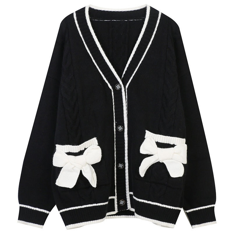 Sweater V-Neck Long Sleeved Mid Length Loose Knit Cardigan With Pocket Bow Design Details