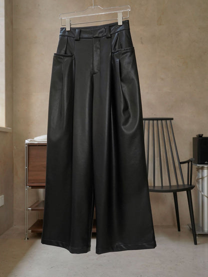 Modern High Waisted Faux Leather Wide Leg Pants