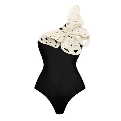 Statement  3D Butterfly Bow One-Piece Swimsuit & Black Ruffle Wrap Skirt