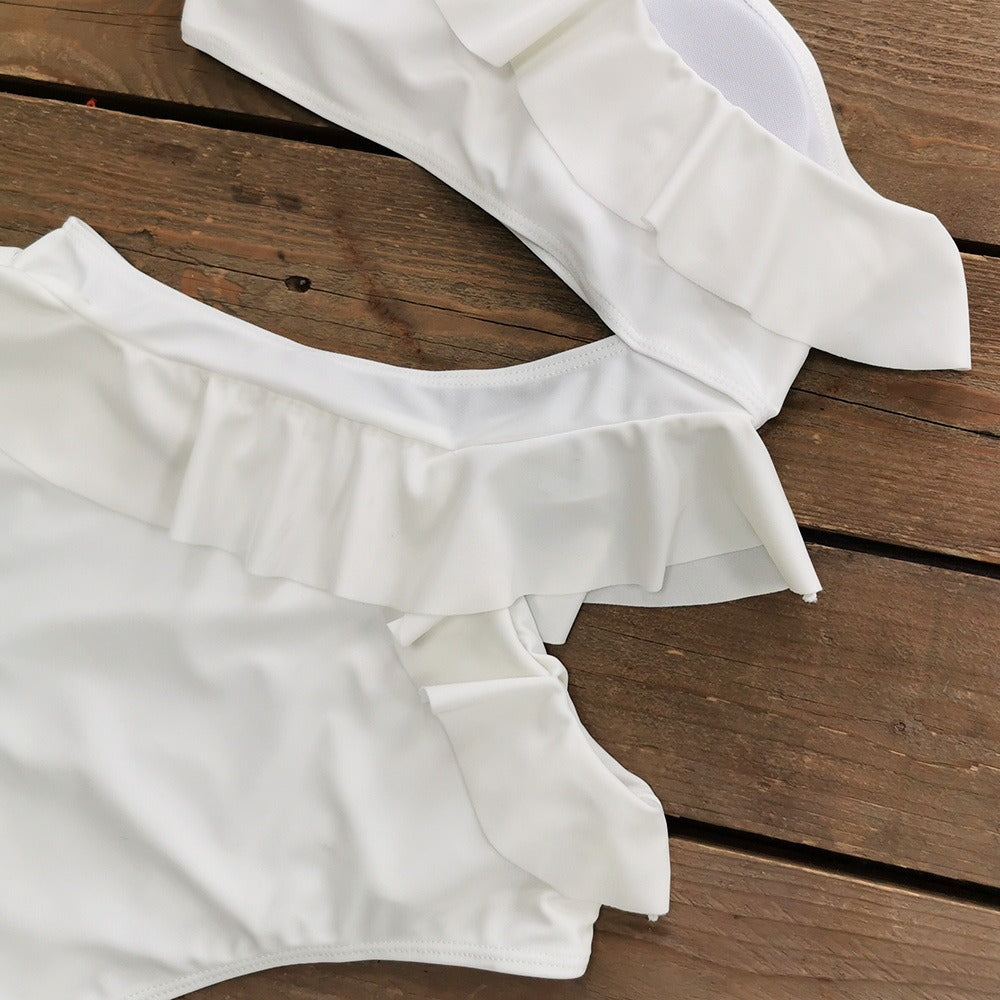 Sculpted One-Sleeve Ruffle Cut-Out Swimsuit – Bridal White