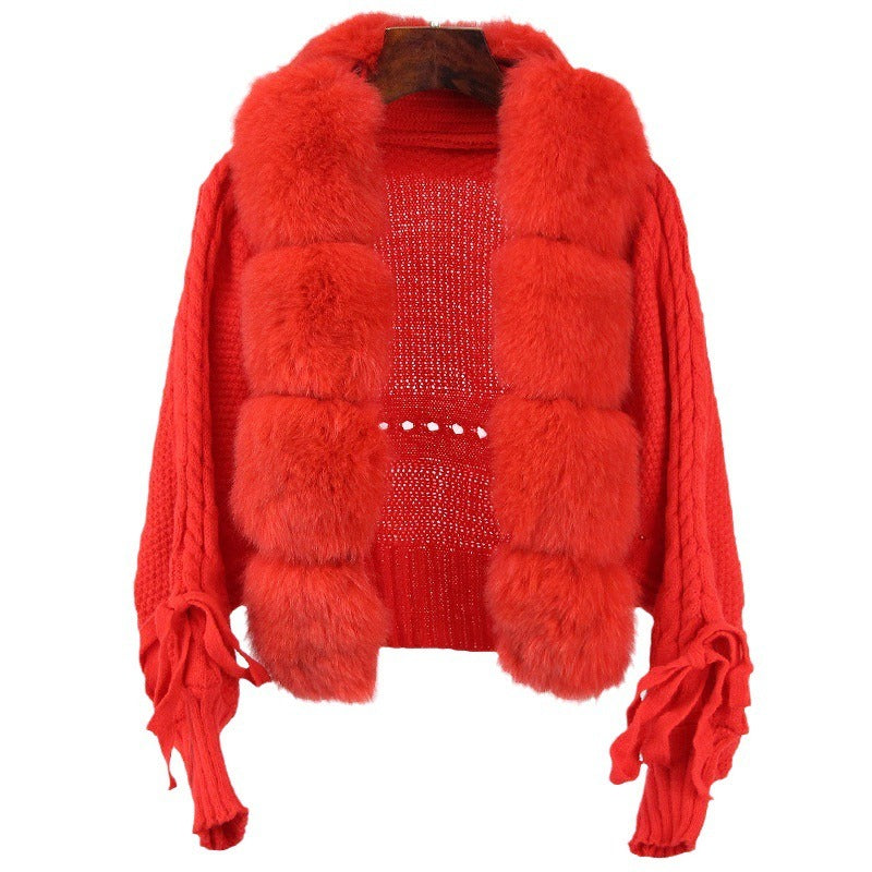 Elegant Loose Knitted Jacket with Faux Fur Collar.  Mutiple  Vibrant  Colors to Choose  From.