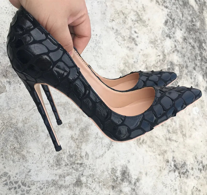 Noir Croco Embossed Pointed-Toe Stiletto Pumps