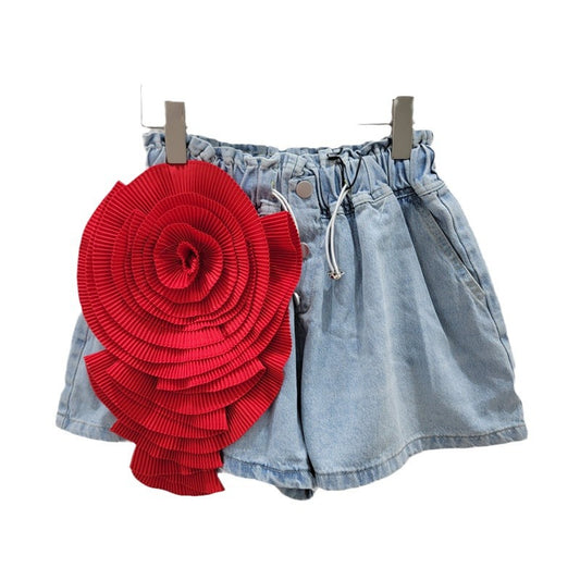 Women's Denim Shorts  With Elastic High Waist and  Flower Design