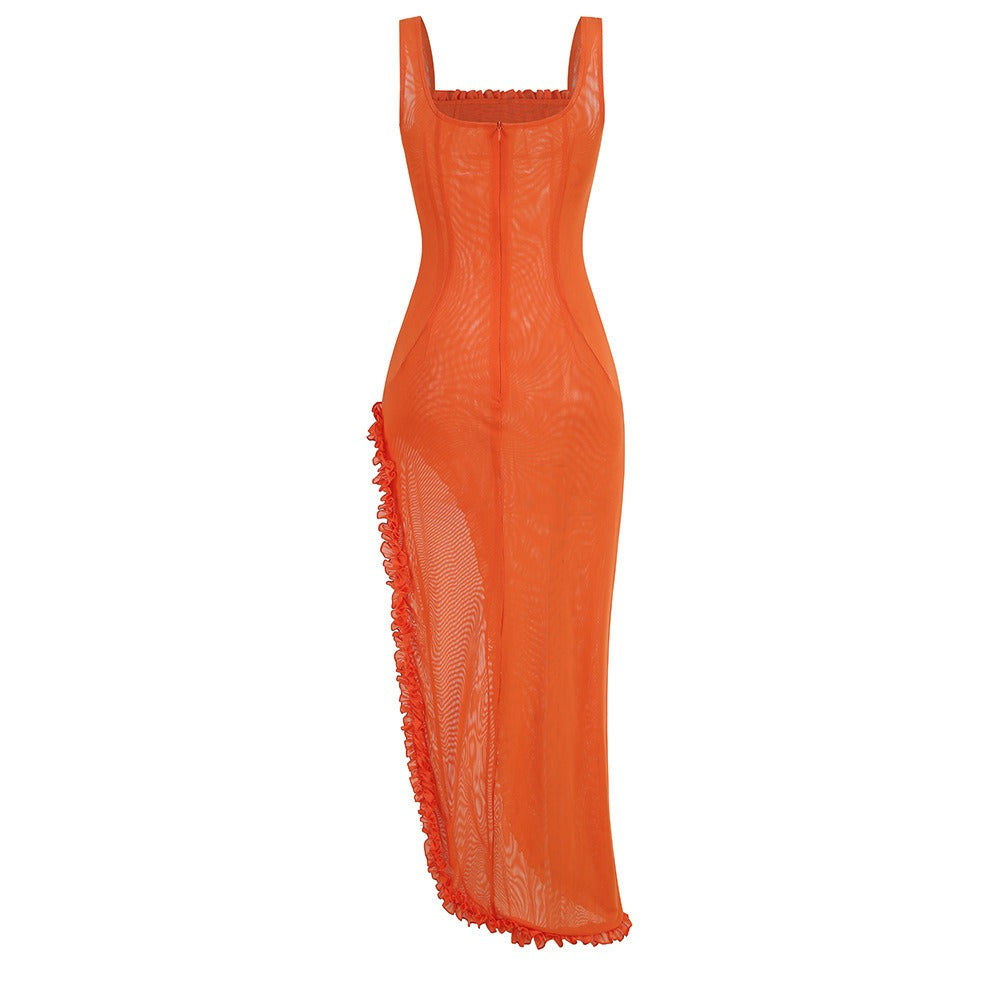 Sexy Body Contouring Dress  With Thigh High Slit, Transparent, Red Carpet Look