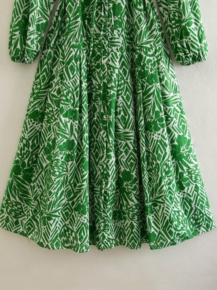 Chic Print Long Vintage Dress With Long Sleeves