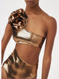Metallic Gold Cut-Out Swimsuit with Oversized Rose Detail