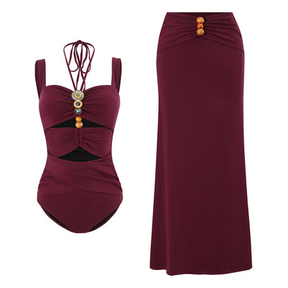 Bordeaux Luxe Ruched Swimsuit & Skirt Set