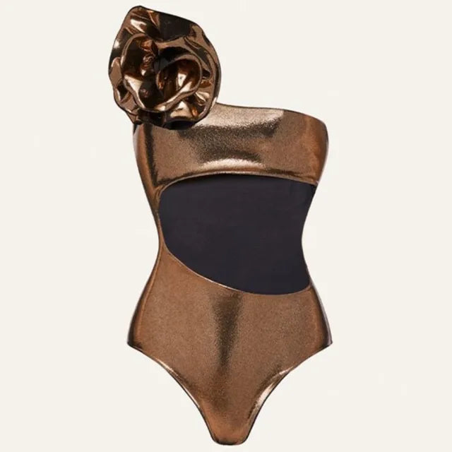 Metallic Gold Cut-Out Swimsuit with Oversized Rose Detail