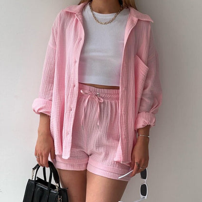 Women's Wrinkled Long-sleeved Shirt and High-waisted Drawstring Shorts Two-piece set, Comes in Multiple Colors