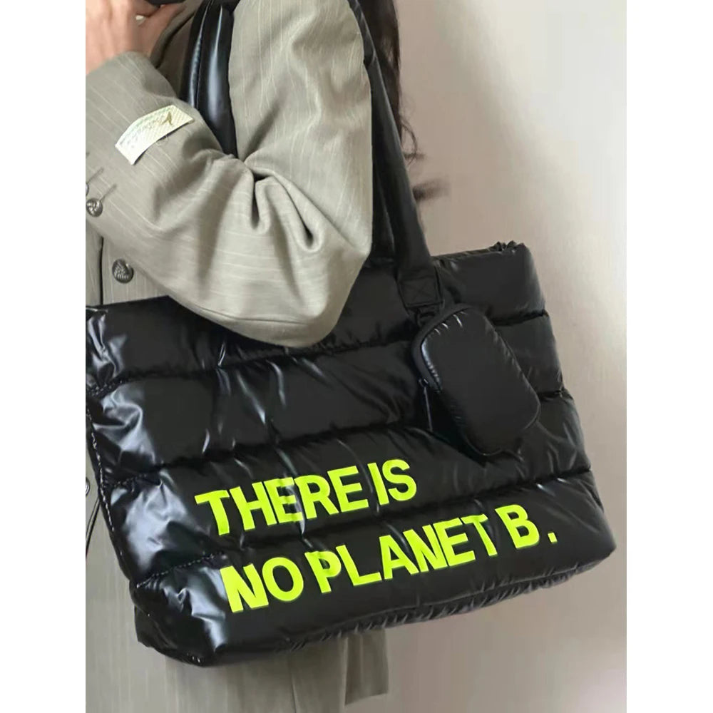 Nylon Padded Shoulder Bag Quilted Tote Bags for Women Down Space Handbags Winter Cotton Shopper Purses Letter Clutch