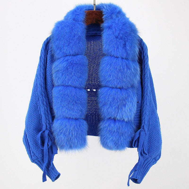 Elegant Loose Knitted Jacket with Faux Fur Collar.  Mutiple  Vibrant  Colors to Choose  From.