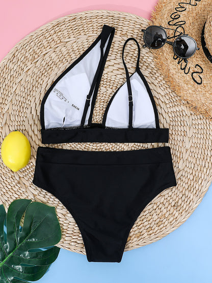 Asymmetrical Chic Black High-Waisted Bikini Set
