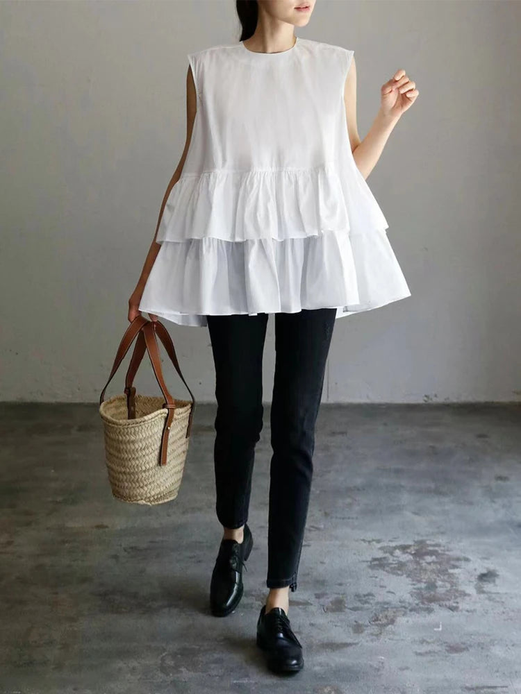 Sleeveless Tiered Ruffle Swing Tunic Top