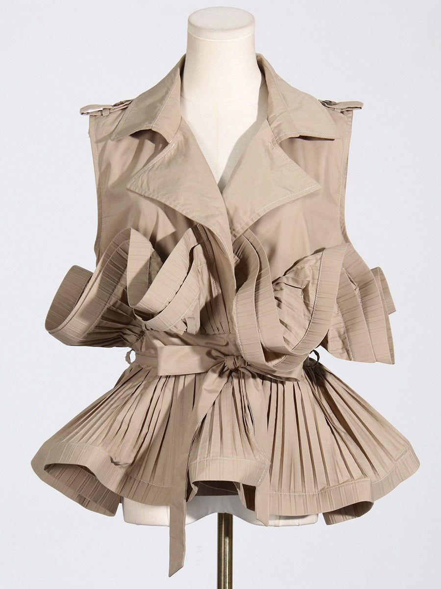 Elegant High Fashion V-neck  Sleeveless Khaki  Pleated Shirt