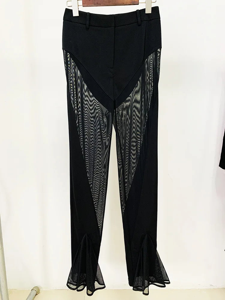 Sheer-Panel Tailored Blazer & Fluted Mesh-Hem Trousers Set (Black)