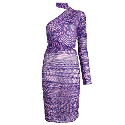 Fashionable One-Sleeved Slim Elegant Print Dress