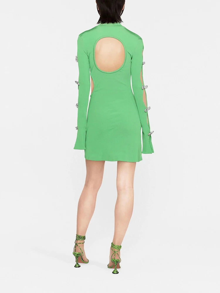 Long-Sleeved Mini Dress With Intricate Rhinestone Bows Design Details