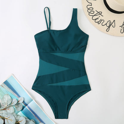 Asymmetrical Mesh Panel One-Piece Swimsuit