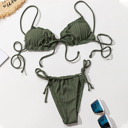 Ribbed Tie-Front Triangle Bikini Set-Multiple Colors