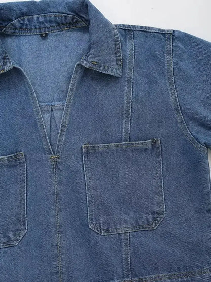 Cropped V-Neck Denim Shacket with Oversized Patch Pockets