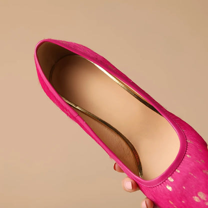 Gilded Splatter Pony-Hair Pointed-Toe Stiletto Leather Pumps