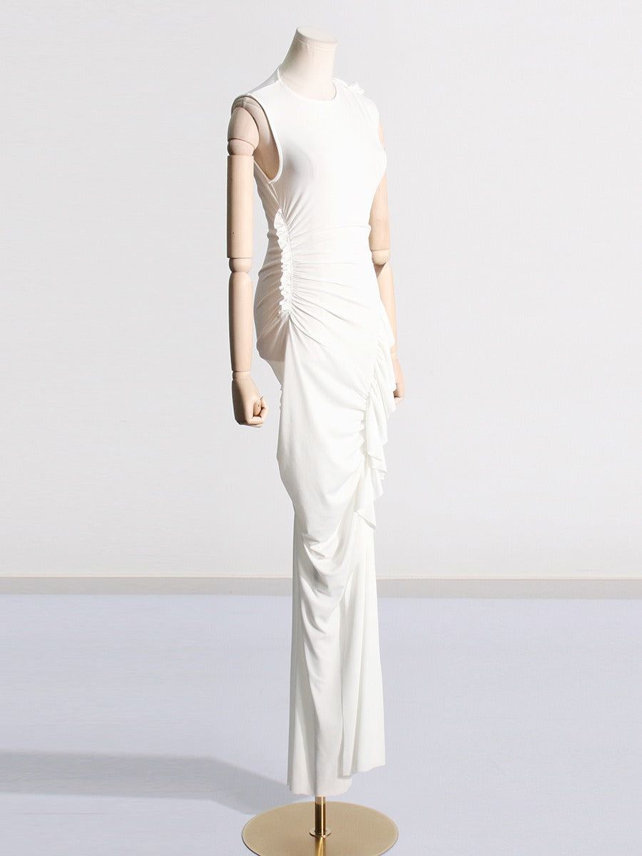 Stylish Slim Fitting Hip-Hugging Long Dress Sleeveless Design  With a Side Pleat.