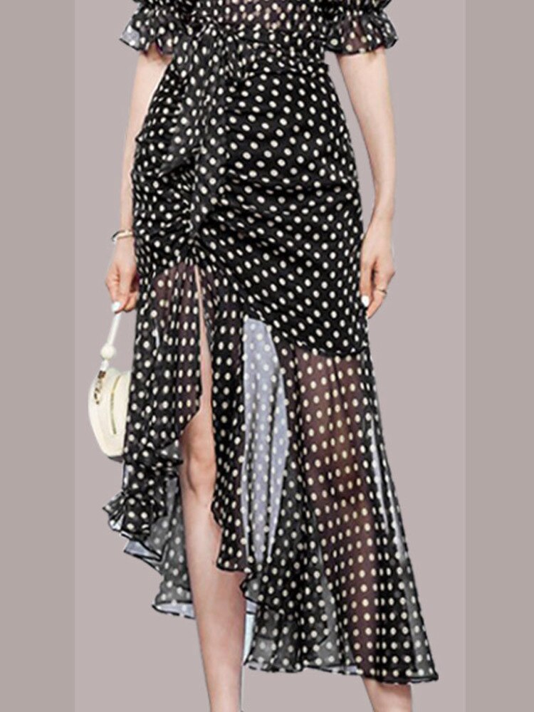 Elegant Chiffon Polka Dot  Dress With V Collar and  Lantern Sleeves