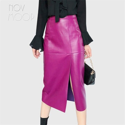 Sleek Genuine Leather Pencil Skirt with Front Slit – Available in Magenta Purple & Classic Black