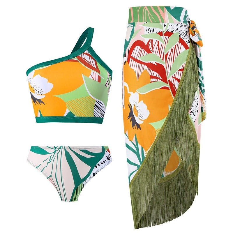 Three-piece Set of Retro Style Print Swimsuits Paired with a Matching Sarong in Multiple Designs