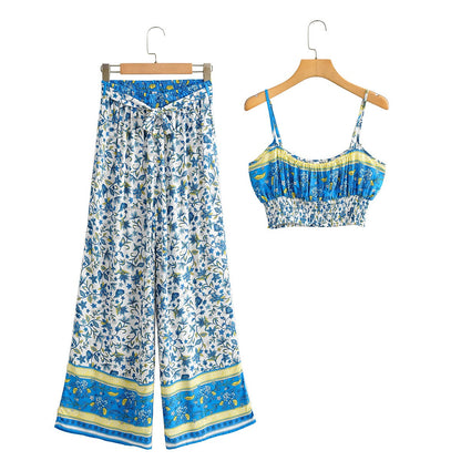 Vintage Pattern Two-piece Set with Wide Legged Pants and  Cropped Camisole Top