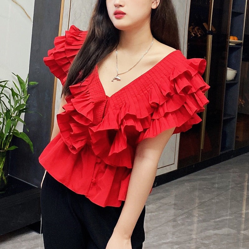 Cute Layered Lotus Leaf Top in Solid Color