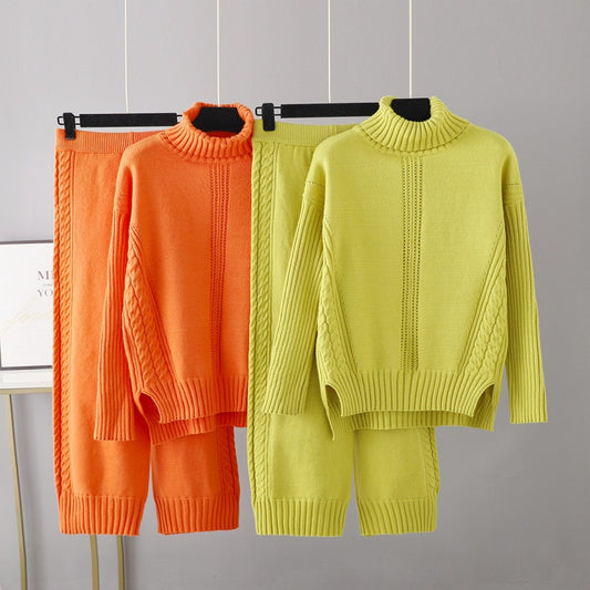 Two-Piece High Neck Knot Pullover and Matching Loose  Wide Leg Pants, Multiple  Colors