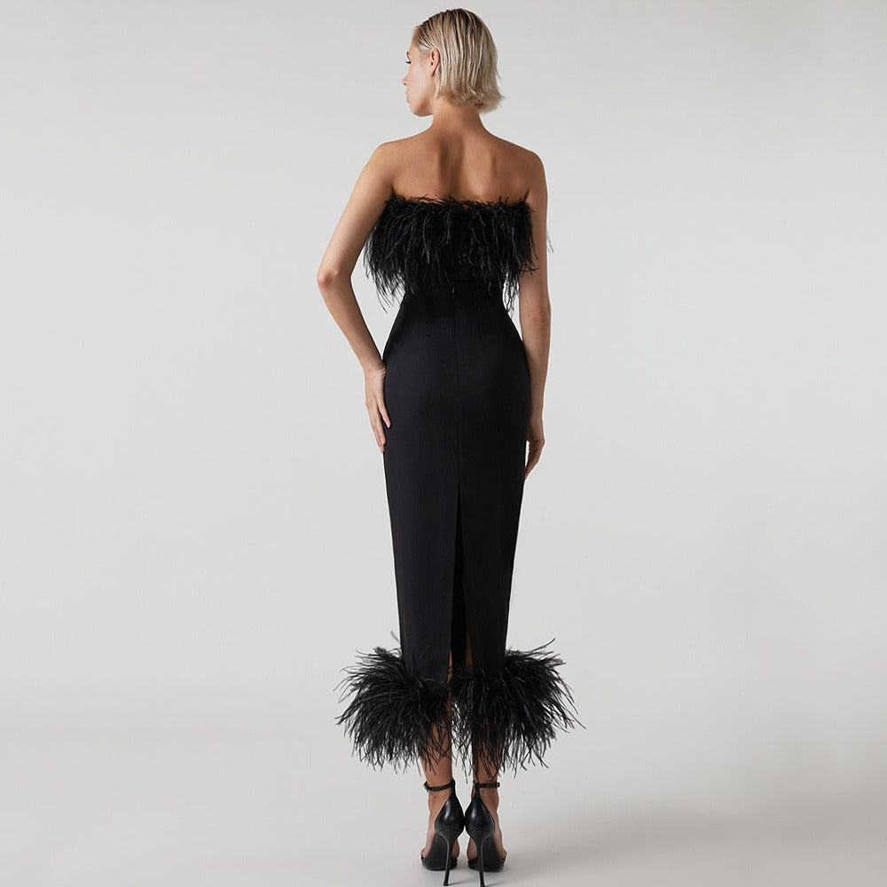 Elegant Sleeveless Dress with Feather Design on Hem and Bodice