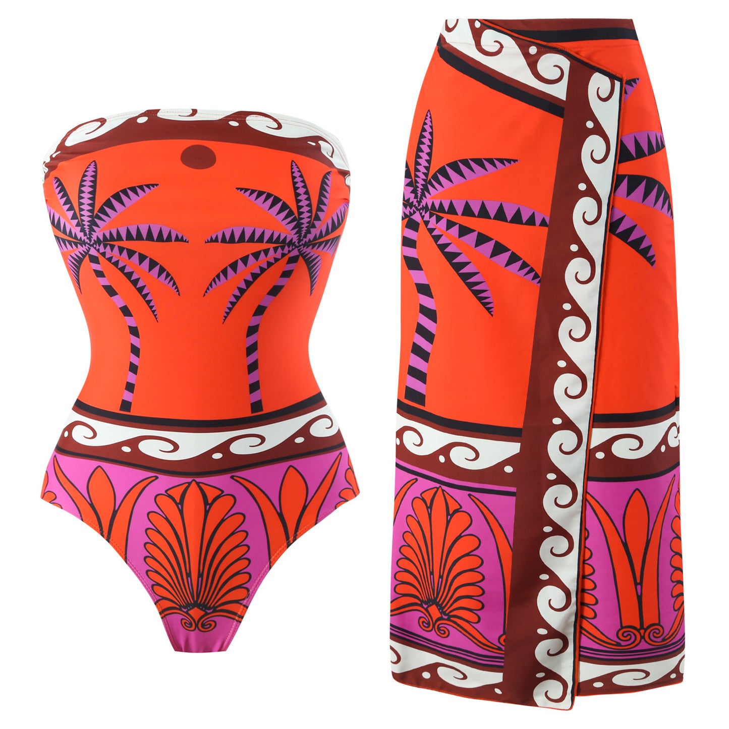 Island Vibes Palm Print Swimsuit & Sarong Set