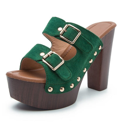 Chunky Buckle Platform Heels – Retro Wood Grain Block Sandals
