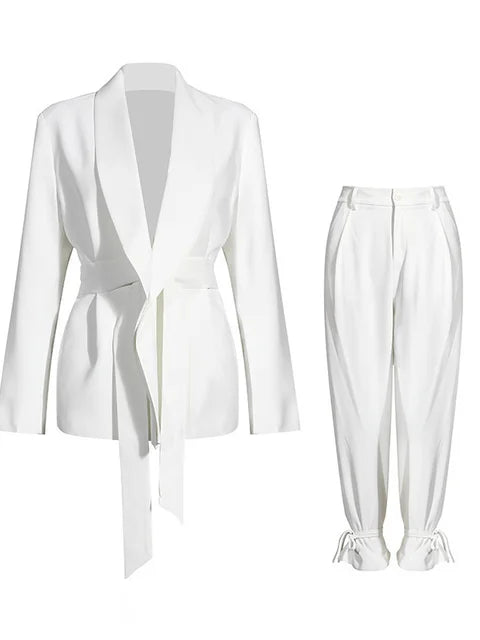 Two Piece Set Belted Blazer and Laced Pants