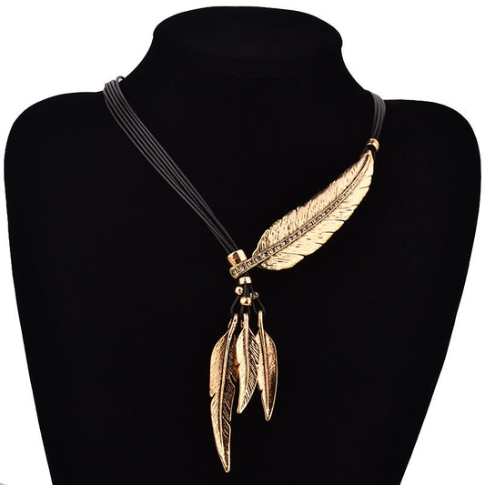 Feather Leaf Black Leather Rope Multi layered Tassel Necklace