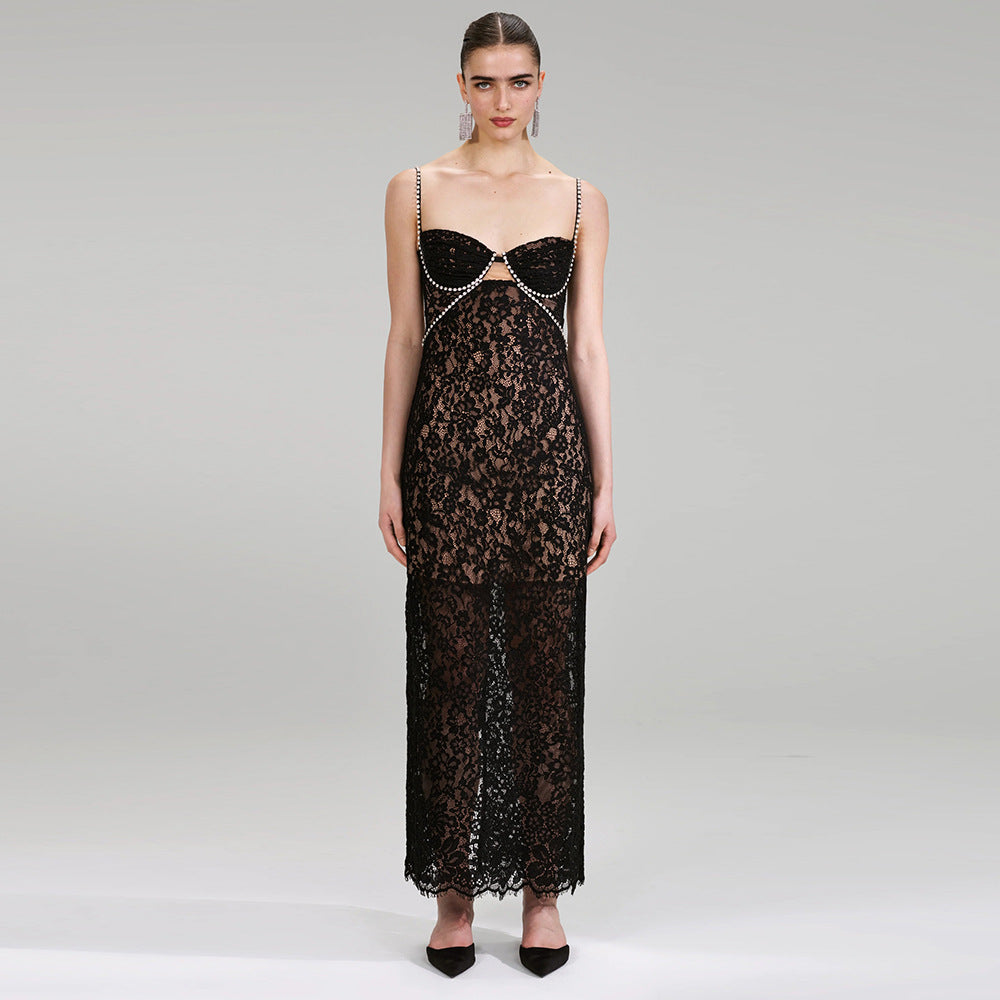 Midnight Elegance Black Lace Pearl-Trim Dress