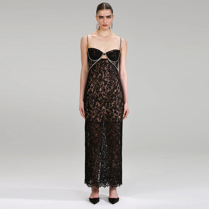 Midnight Elegance Black Lace Pearl-Trim Dress